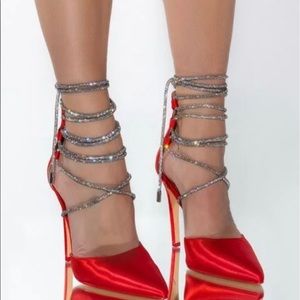 AZALEA WANG GET DOWN TO BUSINESS STILETTO PUMP IN RED. RHINESTONE.